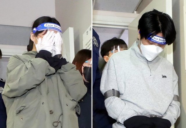 Lee Eun-hae (left) and Cho Hyeon-soo enter the Incheon District Court building in Incheon, in April. (Yonhap)