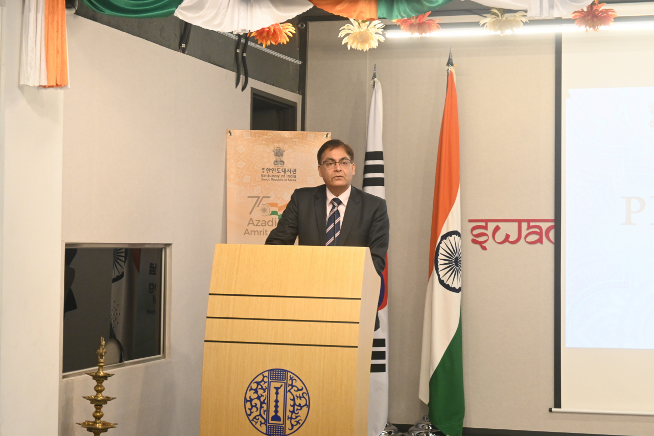 Indian ambassador to Korea Amit Kumar addresses a press briefing in Yongsan-gu, Seoul, on Thursday. (Sanjay Kumar/The Korea Herald)