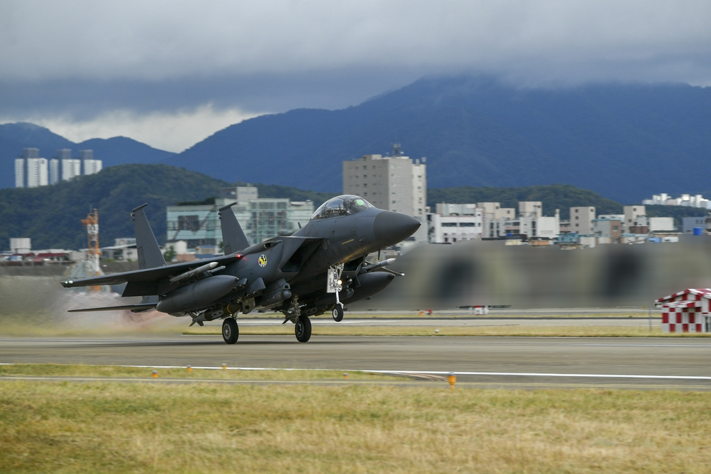 An F-15K fighter takes off to engage in air drills with the U.S. military on Oct. 4, 2022, in this photo provided by South Korea's Joint Chiefs of Staff. (Yonhap)