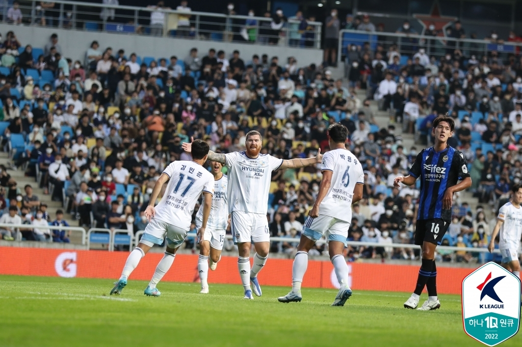 Martin Adam of Ulsan Hyundai FC (2nd from L) celebrates his goal against Incheon United with teammates Kim Min-jun (L) and Park Yong-woo during a K League 1 match at Incheon Football Stadium in Incheon, some 30 kilometers west of Seoul, last Saturday, in this photo provided by the Korea Professional Football League. (Korea Professional Football League)