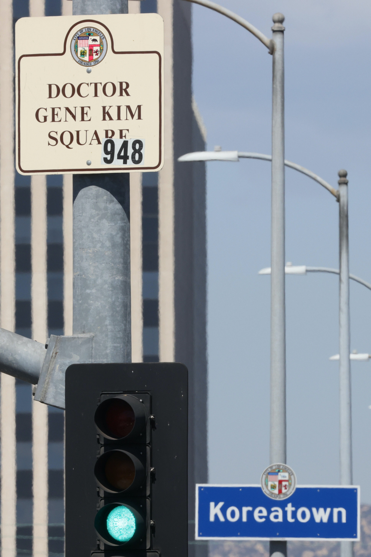 The intersection of Vermont Avenue & Olympic Boulevard in Los Angeles Koreatown was named Dr. Gene Kim Square in 2014. The Los Angeles Koreatown sign went up in 1982 after the area was officially designated as Koreatown on Nov. 8, 1981.Photo © Hyungwon Kang
