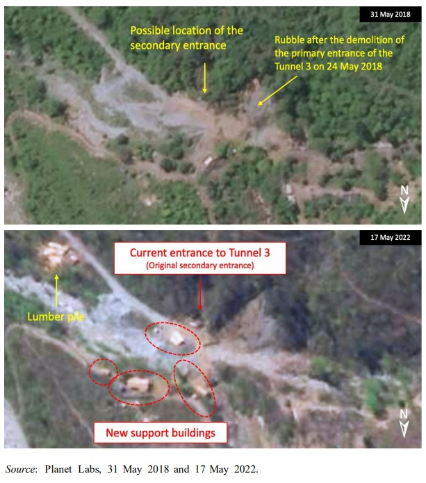 Previous (May 2018) and recent images of Tunnel 3 at the Punggye-ri nuclear test site in North Korea. (Planet Labs)