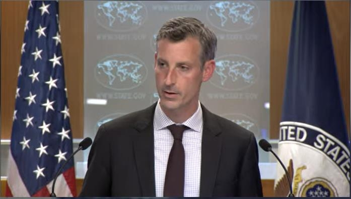 US Department of State spokesperson Ned Price is seen answering questions during a daily press briefing at the department in Washington on Wednesday in this image captured from the department's website. (Yonhap)