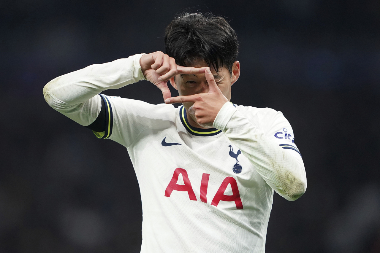 In this EPA photo, Son Heung-min of Tottenham Hotspur celebrates his goal against Eintracht Frankfurt during the teams' Group D match at the UEFA Champions League at Tottenham Hotspur Stadium in London on Wednesday. (EPA)