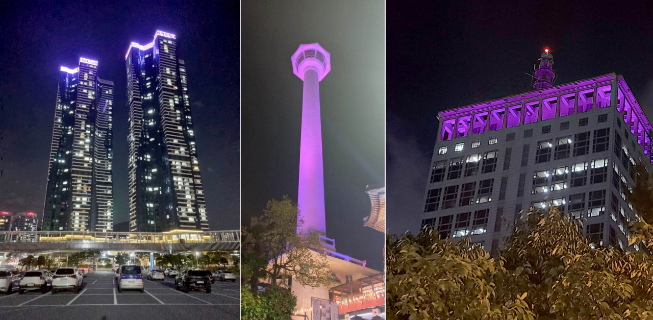 These pictures taken on Tuesday show landmark spots of Busan lit up in purple as part of the city's 