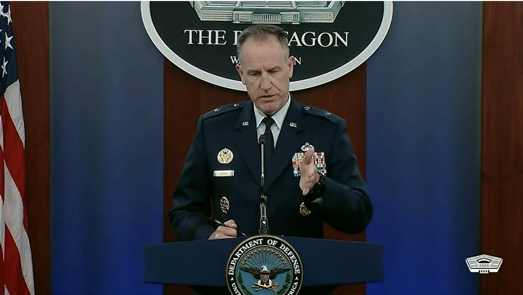 Brig. Gen. Pat Ryder, spokesperson for the Department of Defense, is seen answering questions in a daily press briefing at the Pentagon in Washington on Tuesday in this image captured from the department's website. (US Department of Defense)