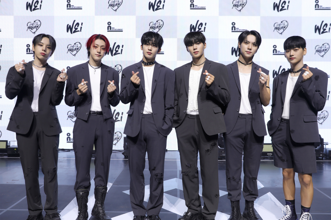 Boy band WEi poses during a press conference for its fifth EP, “Love Pt.2: Passion,” held in Seoul on Wednesday. (Oui Entertainment)