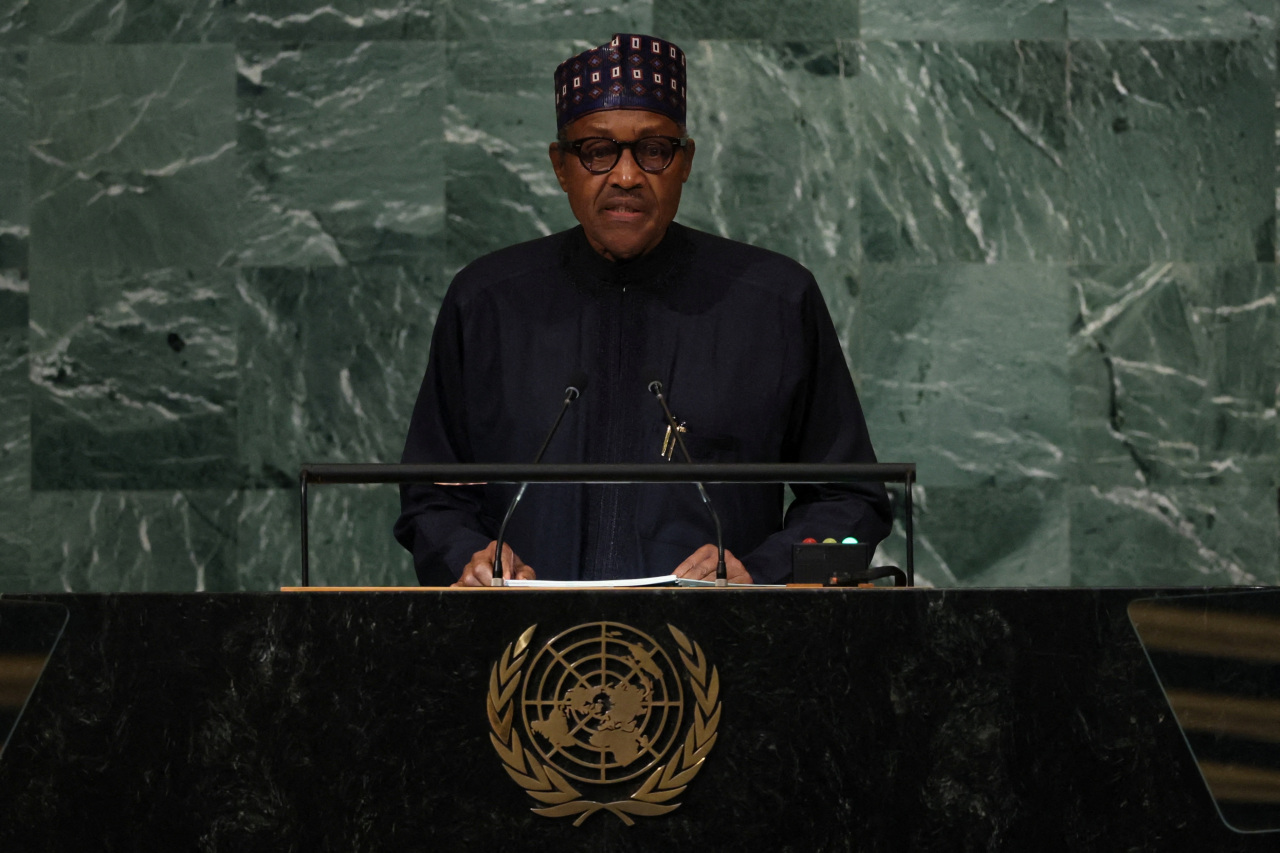Nigeria's President Muhammadu Buhari addresses the 77th Session of the United Nations General Assembly at UN Headquarters in New York City, US, September 21, 2022. (Reuters-Yonhap)