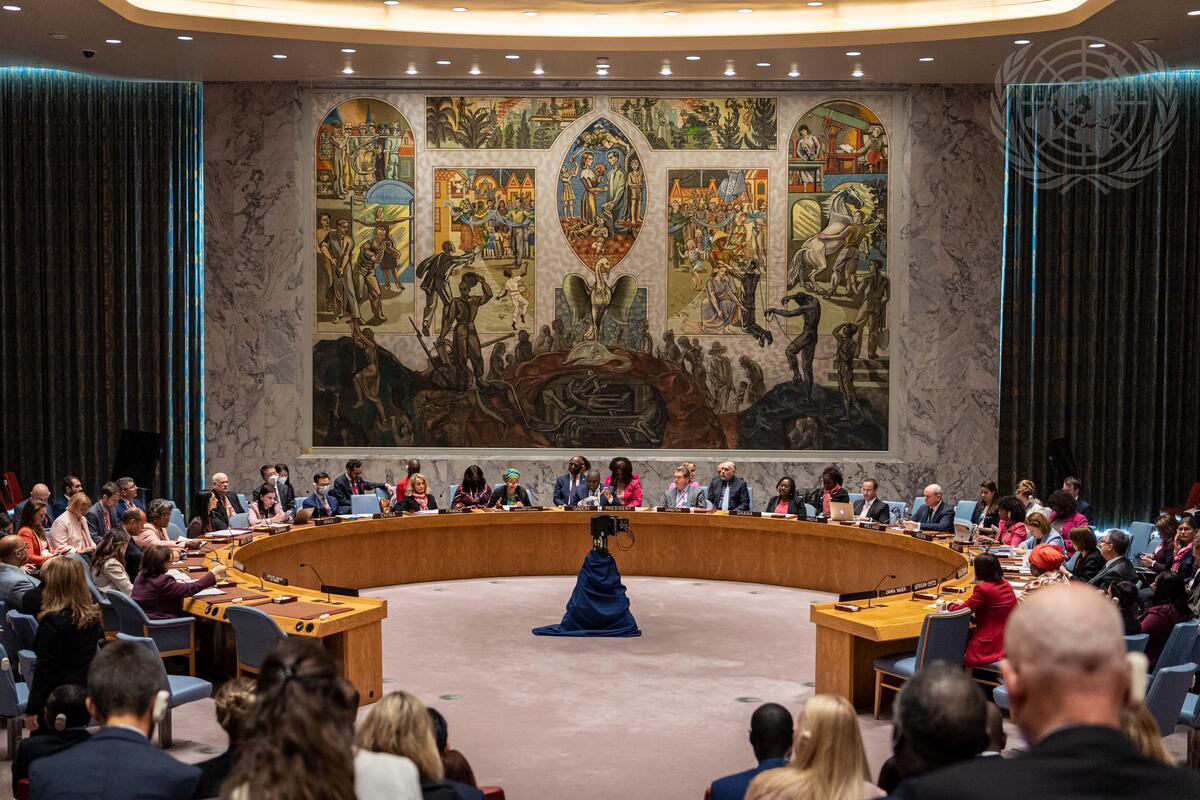A wide view of the Security Council meeting on Women and peace and security. The meeting focuses on “Strengthening women’s resilience and leadership as a path to peace in regions plagued by armed groups”. The Council heard a Report of the Secretary-General on women and peace and security. (UN Photo/Rick Bajornas)