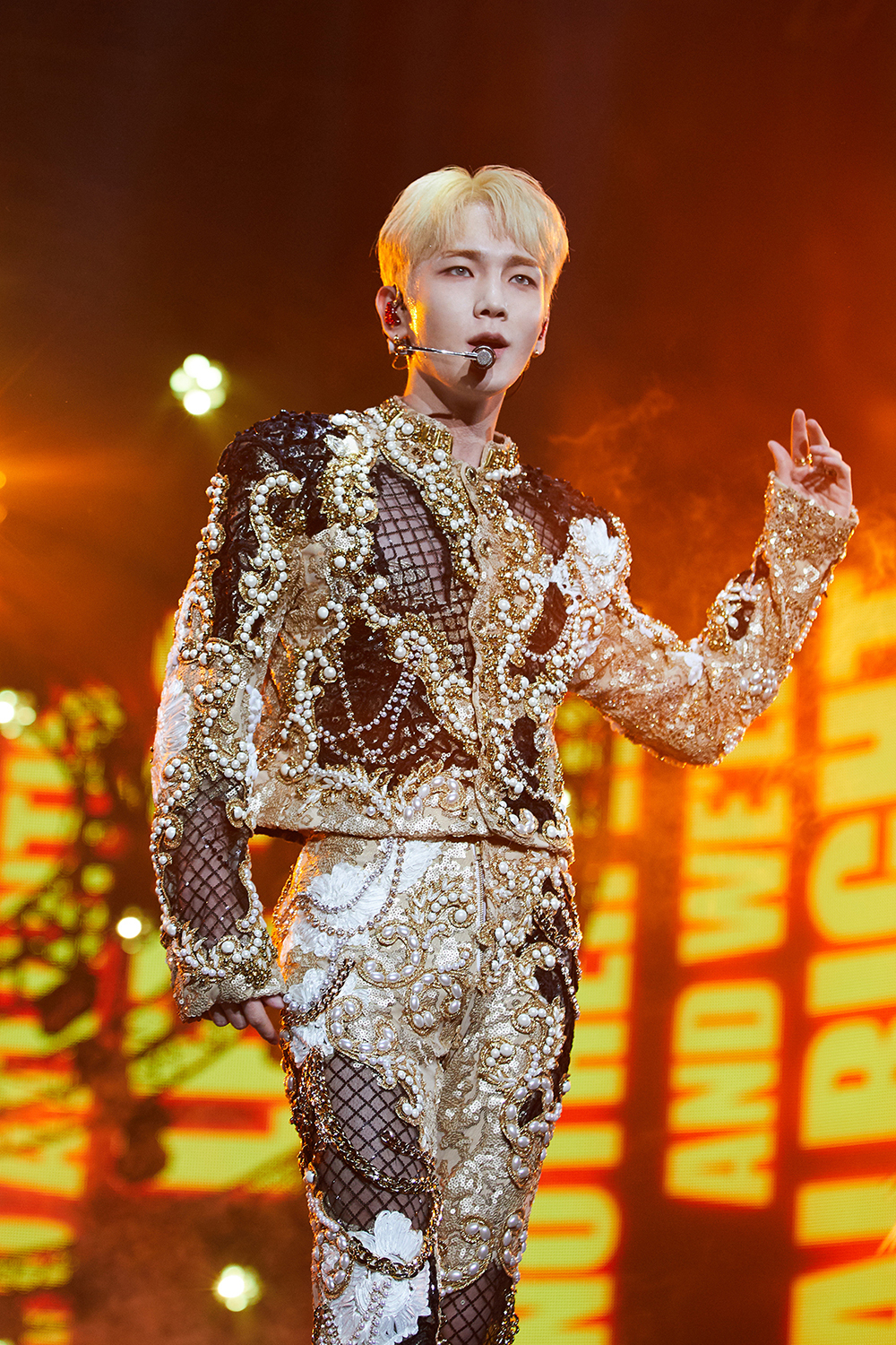 SHINee’s Key performs during his solo concert, “G.O.A.T. (Greatest Of All Time) In The Keyland,” at Jangchung Arena in central Seoul on Saturday. (SM Entertainment)