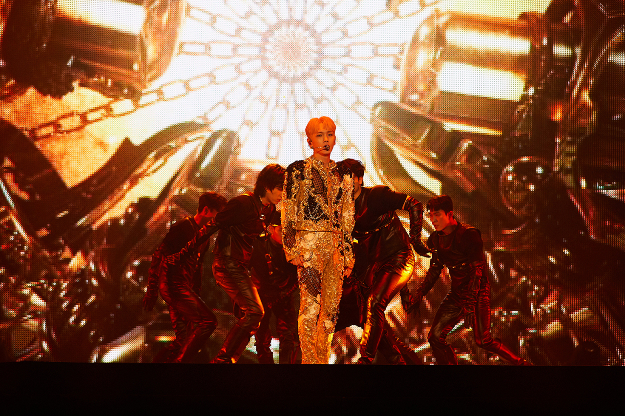 SHINee’s Key performs during his solo concert, “G.O.A.T. (Greatest Of All Time) In The Keyland,” at the Jangchung Arena in central Seoul on Saturday. (SM Entertainment)