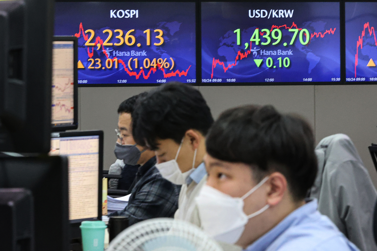 An electric board showing the Korea Composite Stock Price Index (Kospi) at a dealing room of the Hana Bank headquarters in Seoul on Monday. (Yonhap)