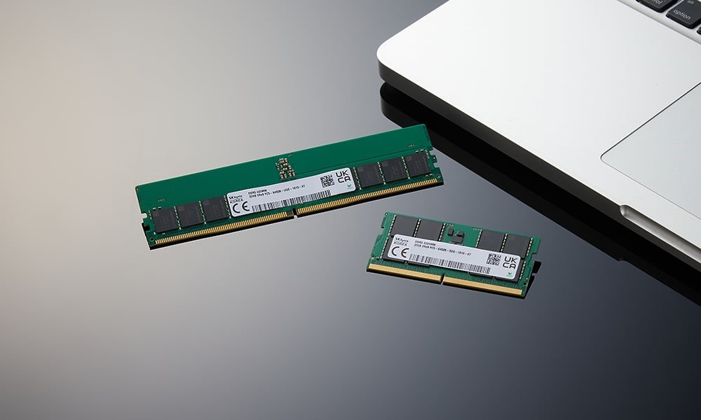 A promotional photo of SK hynix's newest DDR5-standard small outline dual in-line memory modules (SK hynix)