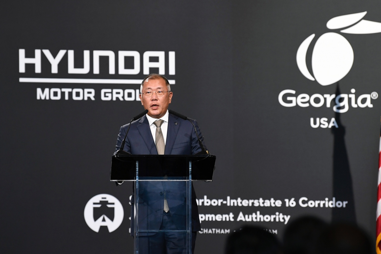 Hyundai Motor Group Executive Chair Chung Euisun speaks at the groundbreaking ceremony held in Georgia, US, Tuesday. (Hyundai Motor Group)