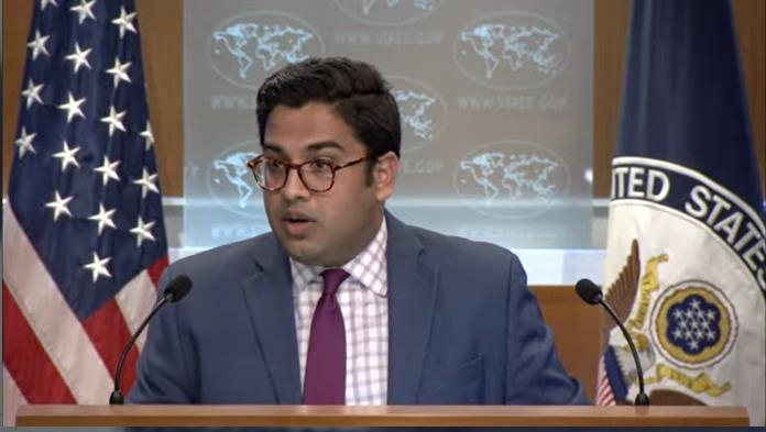 Vedant Patel, principal deputy spokesperson for the Department of State, is seen answering a question in a daily press briefing at the department in Washington on Wednesday. (Department of State)