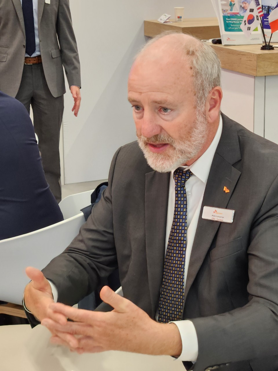 Alain Lamproye, CEO of Yposkesi, speaks to The Korea Herald at the Convention on Pharmaceutical Ingredients in Frankfurt, Germany, on Tuesday. (Kan Hyeong-woo/The Korea Herald)