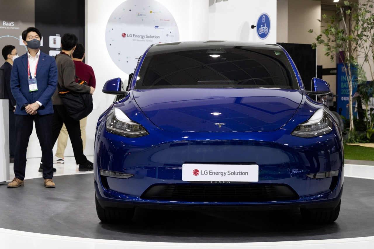 A Tesla Model Y electric vehicle with an LG Energy Solution battery is displayed at the InterBattery exhibition in Seoul on March 17. (Bloomberg)