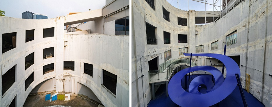 A disused parking ramp of the old Seoul Station (left photo) now features several art installations. Seen in the right photo at the hollow center of the ramp is an artwork titled “Deep Surface” by local artist Chung So-young. (Choi Jae-hee / The Korea Herald)