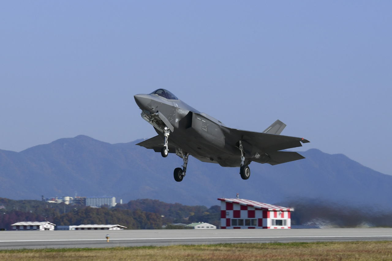 An F-35A fighter of the South Korean Air Force takes off from an air base in Cheongju, central South Korea, as South Korea and the United States kicked off joint air drills, in this undated photo released by the South Korean Air Force on Nov. 1, 2022.(Yonhap)