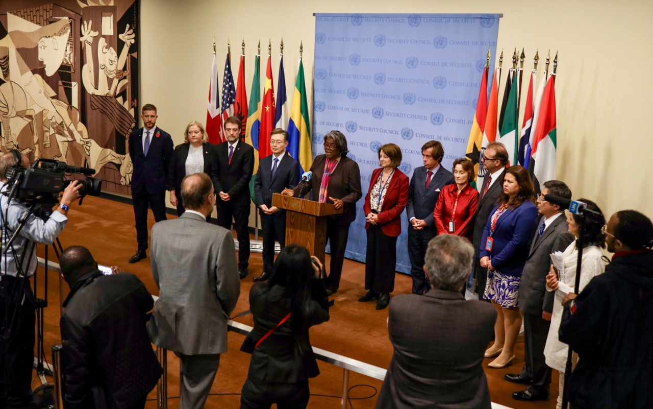 US Ambassador to UN Linda Thomas-Greenfield (center) speaks after a United Nations Security Council emergency session in New York on Friday. (Twitter of Linda Thomas-Greenfield)