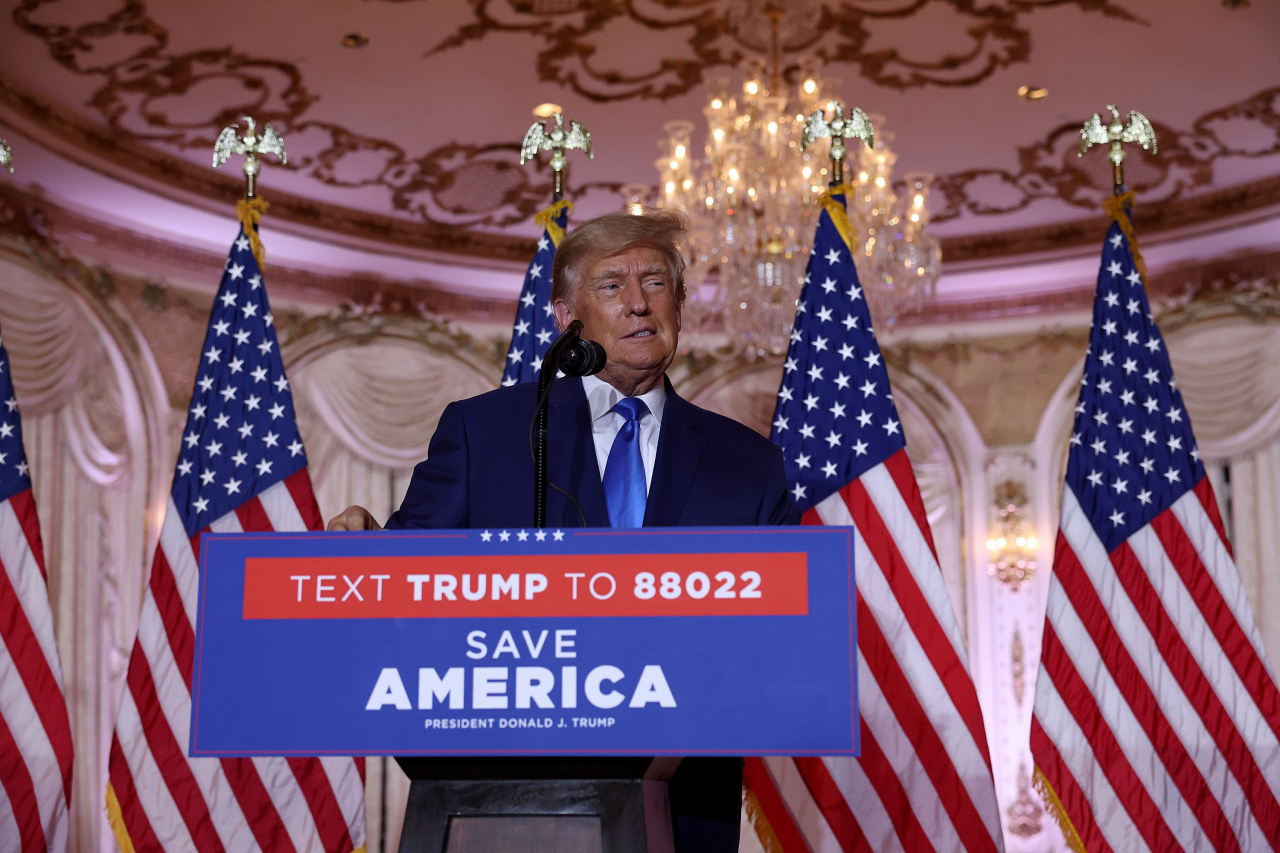 Former US President Donald Trump speaks during an Election Night event at Mar-a-Lago in Palm Beach, Florida, Tuesday. (AFP-Yonhap)