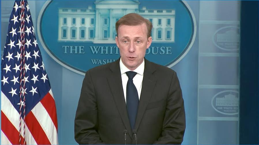 National Security Advisor Jake Sullivan is seen answering questions during a press briefing at the White House in Washington on Thursday in this image captured from the website of the White House. (Yonhap)