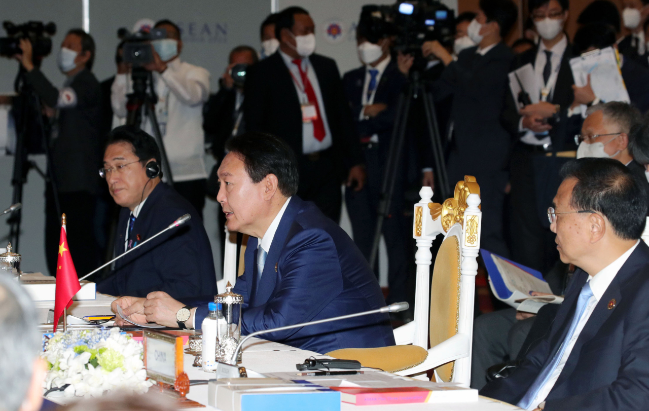 President Yoon Suk-yeol speaks at a ASEAN Plus Three meeting held Saturday in Phnom Penh, Cambodia. (Yonhap)