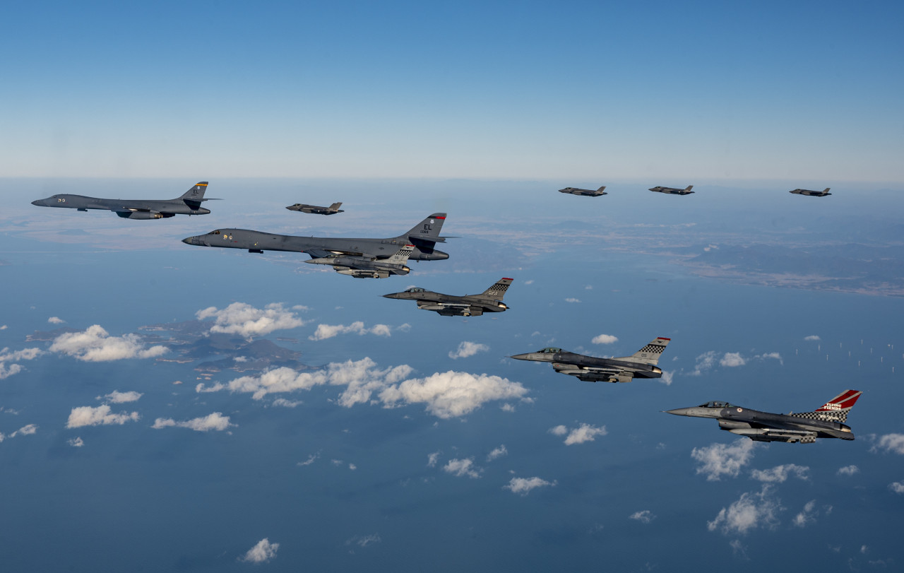 51st Fighter Wing’s F-16’s joined with Indo-Pacific Command B-1B bombers and Republic of Korea F-35A’s in a combined training flight over the Korean Peninsula as part of Vigilant Storm 23, Nov. 5, 2022. Vigilant Storm is a recurring, re-planned training exercise that demonstrates the bilateral nations` interoperability and showcases deterrent capabilities. (U.S. Air Force photo by Staff Sgt. Dwane R. Young)