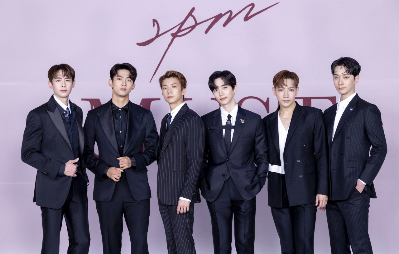 Boy group 2PM poses during the comeback media showcase held on June 28, 2021 (JYP Entertainment)