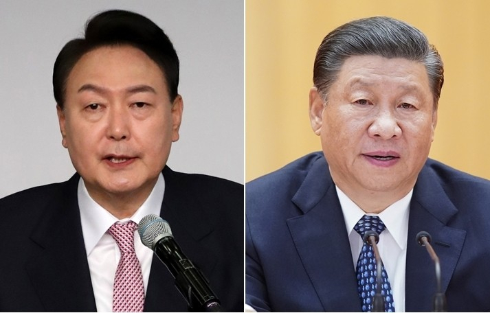 This compilation image shows President Yoon Suk-yeol (left) and a file photo of Chinese President Xi Jinping provided by Xinhua. (Yonhap)