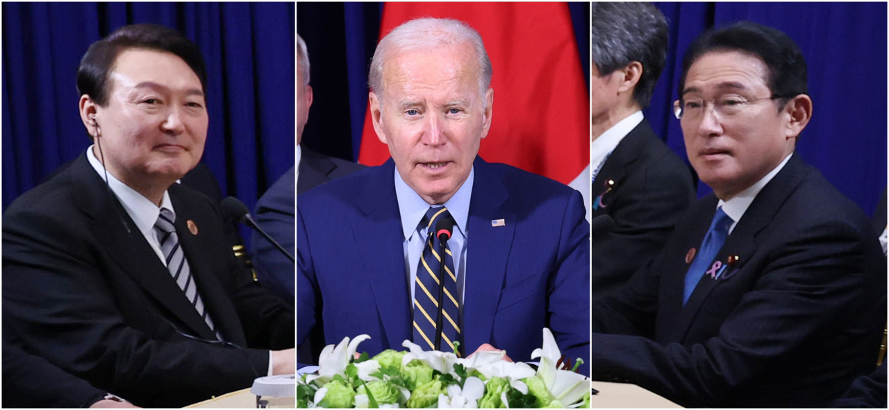 South Korean President Yoon Suk-yeol (left) US President Joe Biden (center) and Japanese Prime Minister Fumio Kishida attend a trilateral meeting on the sidelines of the ASEAN summit in Phnom Penh, Cambodia on Sunday. (Yonhap)