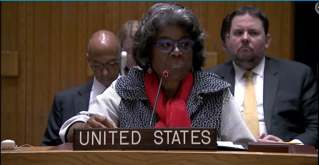 US Ambassador to the United Nations Linda Thomas-Greenfield is seen speaking during a UN Security Council meeting held in New York on Monday, to discuss North Korea's recent missile launches. (UN)