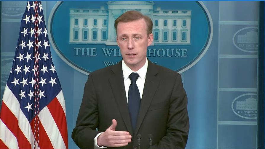 US National Security Advisor Jake Sullivan is seen speaking during a press briefing at the White House in Washington on Monday, in this image captured from the website of the White House. (White House)