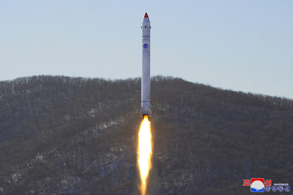 North Korea claims to have tested space rockets for a spy satellite on Sunday, in this photo released by the Korean Central News Agency. (KCNA-Yonhap)
