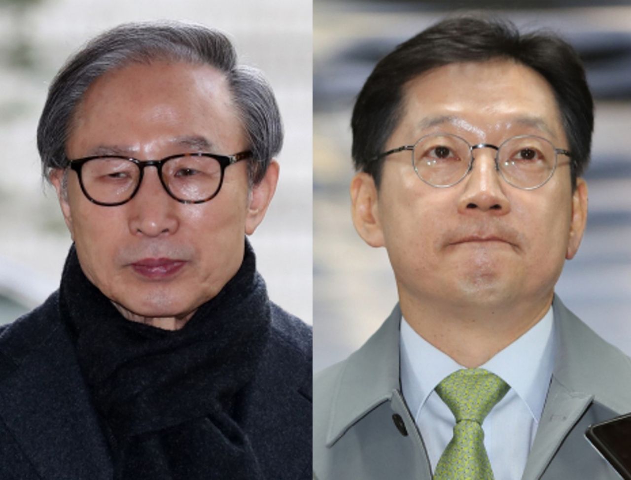 Ex-President Lee Myung-bak (left) and ex-South Gyeongsang Province Gov. Kim Kyoung-soo (Yonhap)