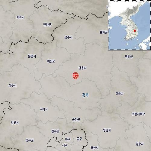 This image provided by the Korea Meteorological Administration shows the epicenter of a 2.6 magnitude earthquake that struck near Andong, southeastern South Korea, on Sunday. (Yonhap)