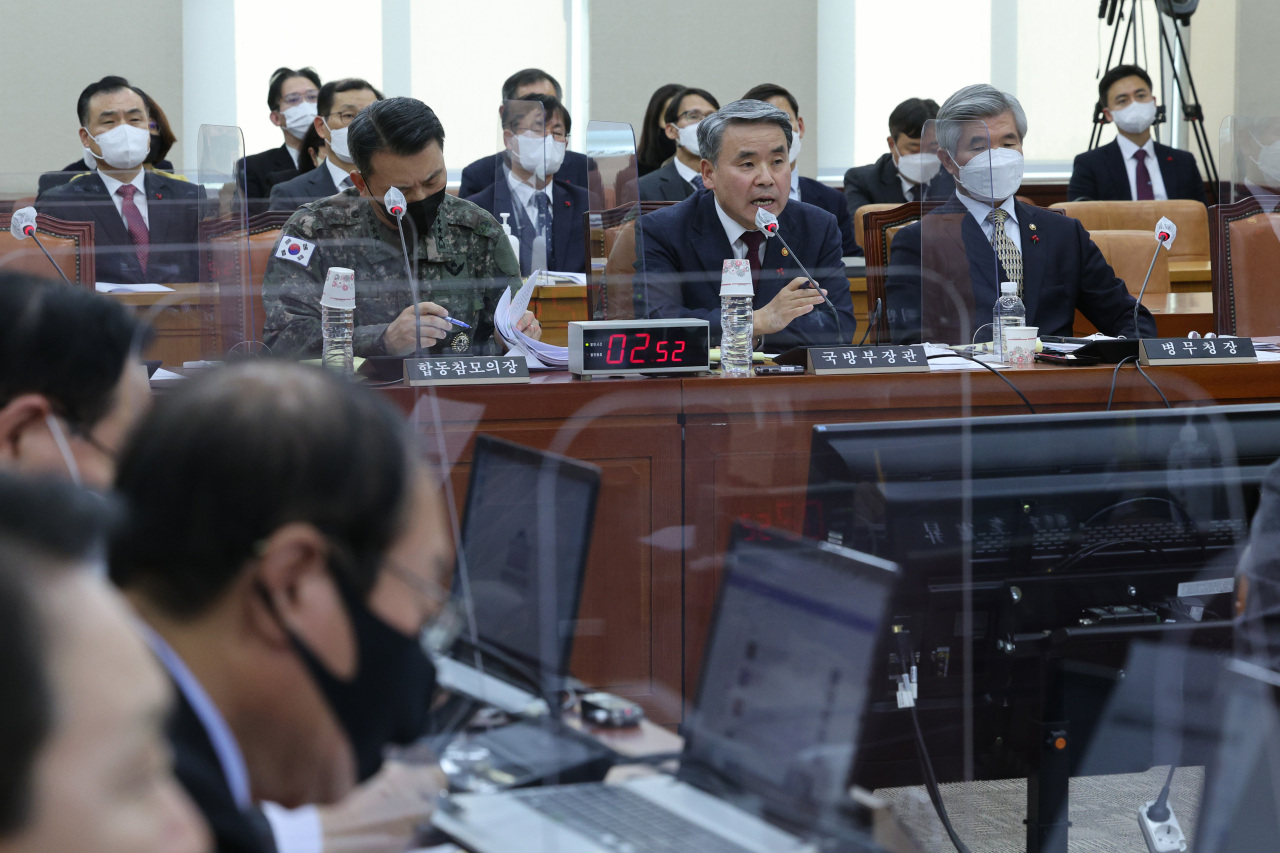 Defense Minister Lee Jong-sup speaks during a plenary session of the defense committee at the National Assembly in Seoul on Dec. 28, 2022.(Yonhap)