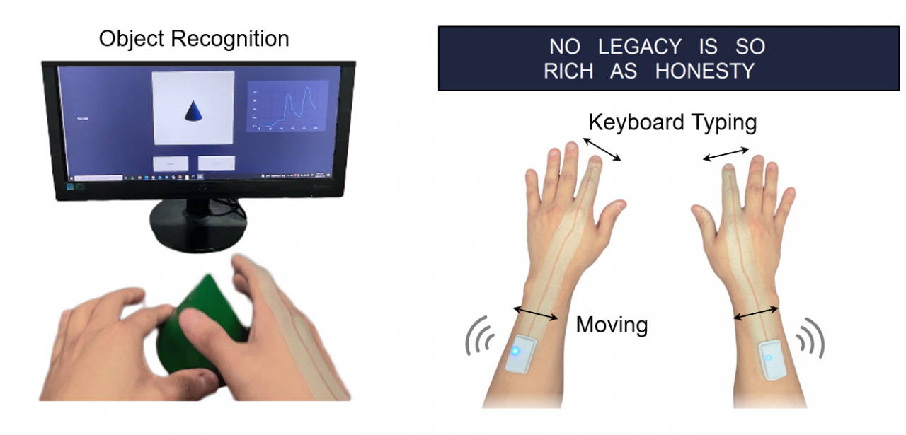 Concept images of how spray-on smart skin can be used for drawing objects virtually and typing without a keyboard (Professor Jo Sung-ho's research team at Korea Advanced Institute of Science and Technology)