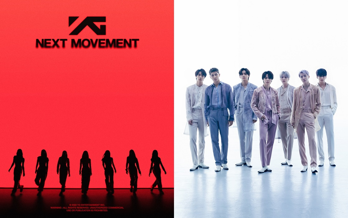 (Left) A cropped image of YG Entertainment's new girl group debut announcement poster (YG Entertainment)/ (Right) BTS (Big Hit Music)