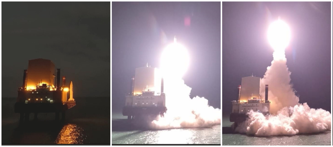 This combined photo, provided by the defense ministry on Jan. 2, 2023, shows South Korea`s first-ever test-firing of a four-stage solid-fuel rocket, conducted at several locations in the country on Dec. 30. The ministry said the successful flight test of a homegrown solid-propellant space vehicle reflects progress in the country`s quest to secure 