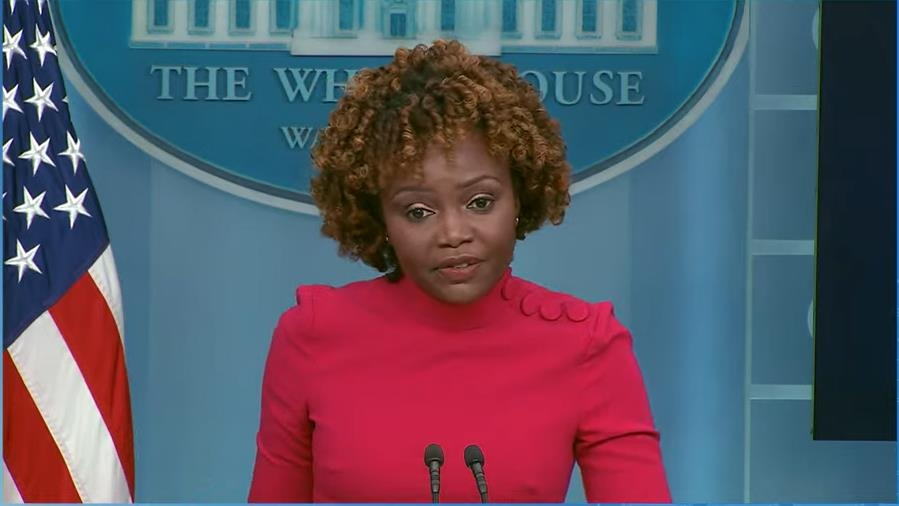 White House Press Secretary Karine Jean-Pierre is seen answering questions during a daily press briefing at the White House in Washington on Tuesday in this captured image. (White House)