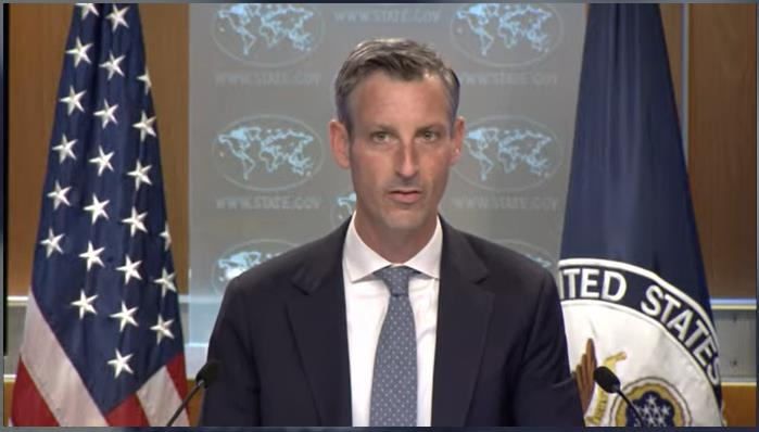State Department Press Secretary Ned Price is seen speaking during a daily press briefing at the department in Washington on Wednesday in this captured image. ((Department of State))