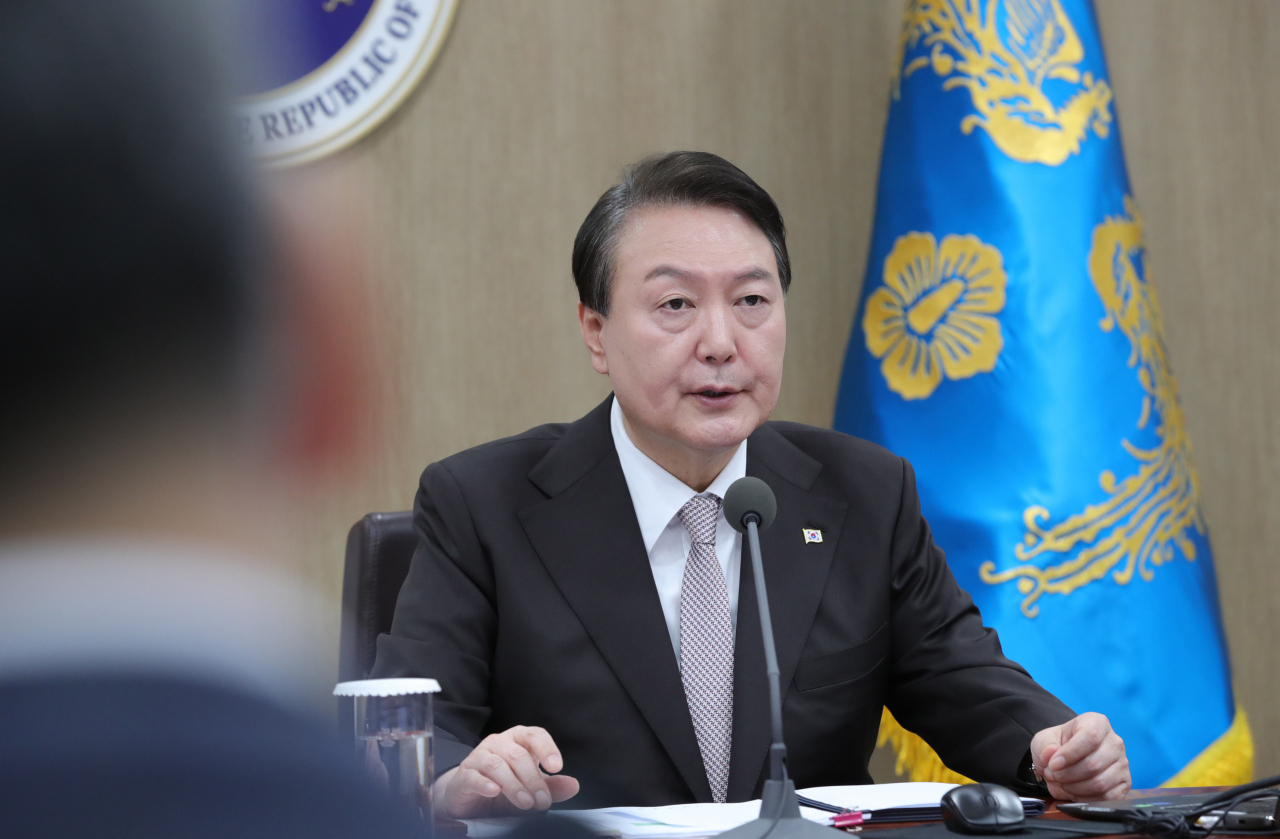 President Yoon Suk Yeol speaks at a Cabinet meeting at the presidential office in Seoul on Tuesday. (Yonhap)