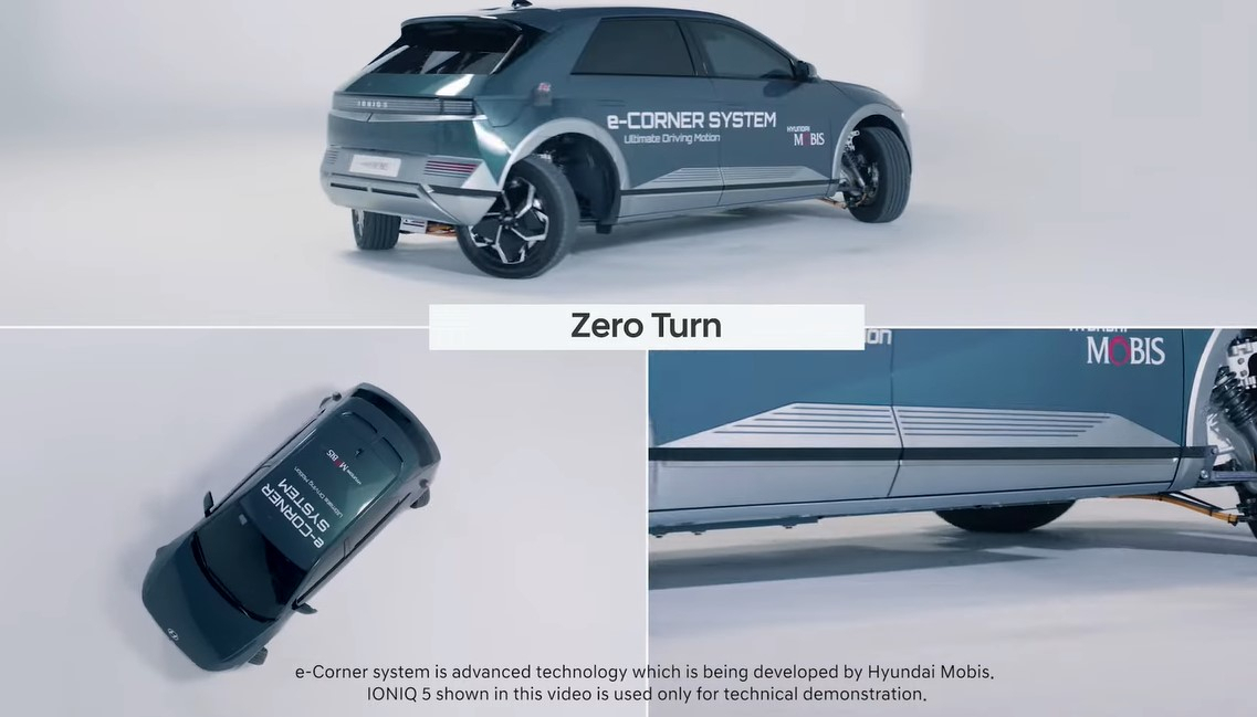 A video shows Hyundai Motor's Ioniq 5 equipped with Hyundai Mobis' e-corner system demonstrating zero turn. (Screen capture of Hyundai Mobis' YouTube)