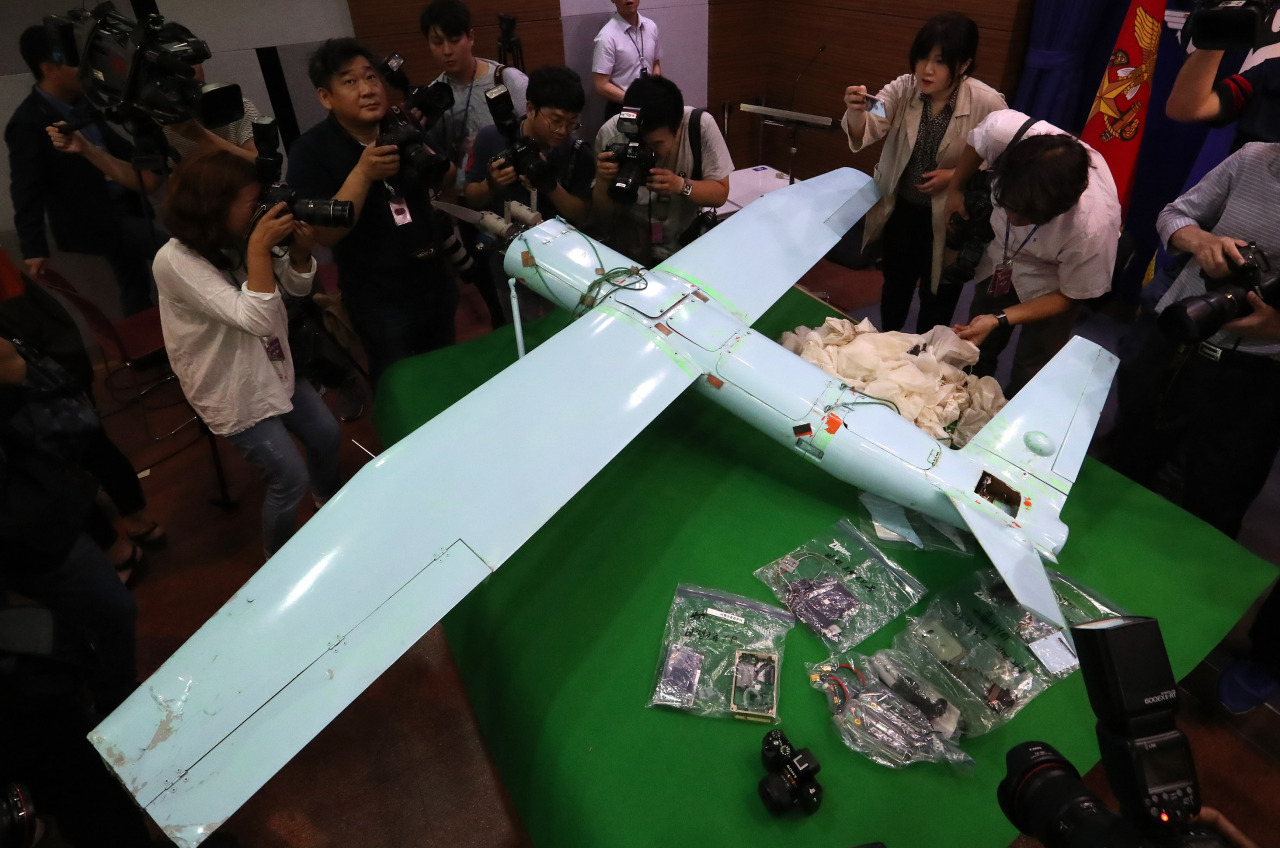 An uncrewed North Korean aerial vehicle found in Inje County, Gangwon Province, in June 2017 is displayed at the building of the South Korean Ministry of National Defense. (File Photo -Yonhap)