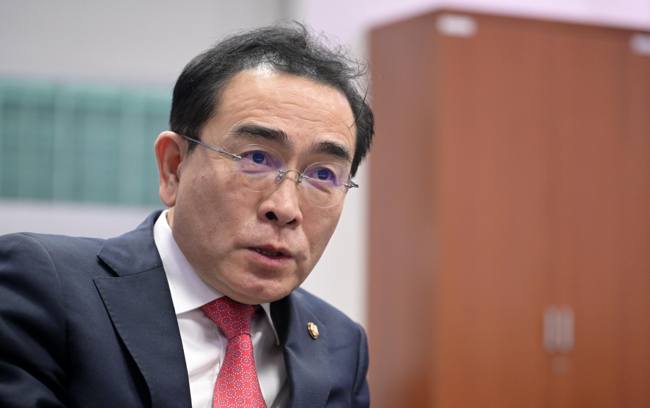 Elite defector-turned-lawmaker Rep. Tae Yong-ho speaks to The Korea Herald at his office at the National Assembly building in Yeouido, central Seoul. (The Korea Herald)
