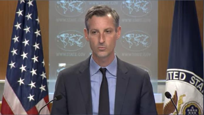State Department spokesperson Ned Price is seen answering questions during a daily press briefing at the department in Washington on Monday in this captured image. (Department of State)