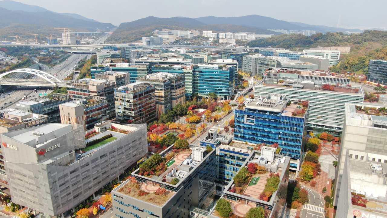 A drone view of Pangyo Techno Valley in Bundang-gu, Seongnam, Gyeonggi Province. (Gyeonggido Business & Science Accelerator)