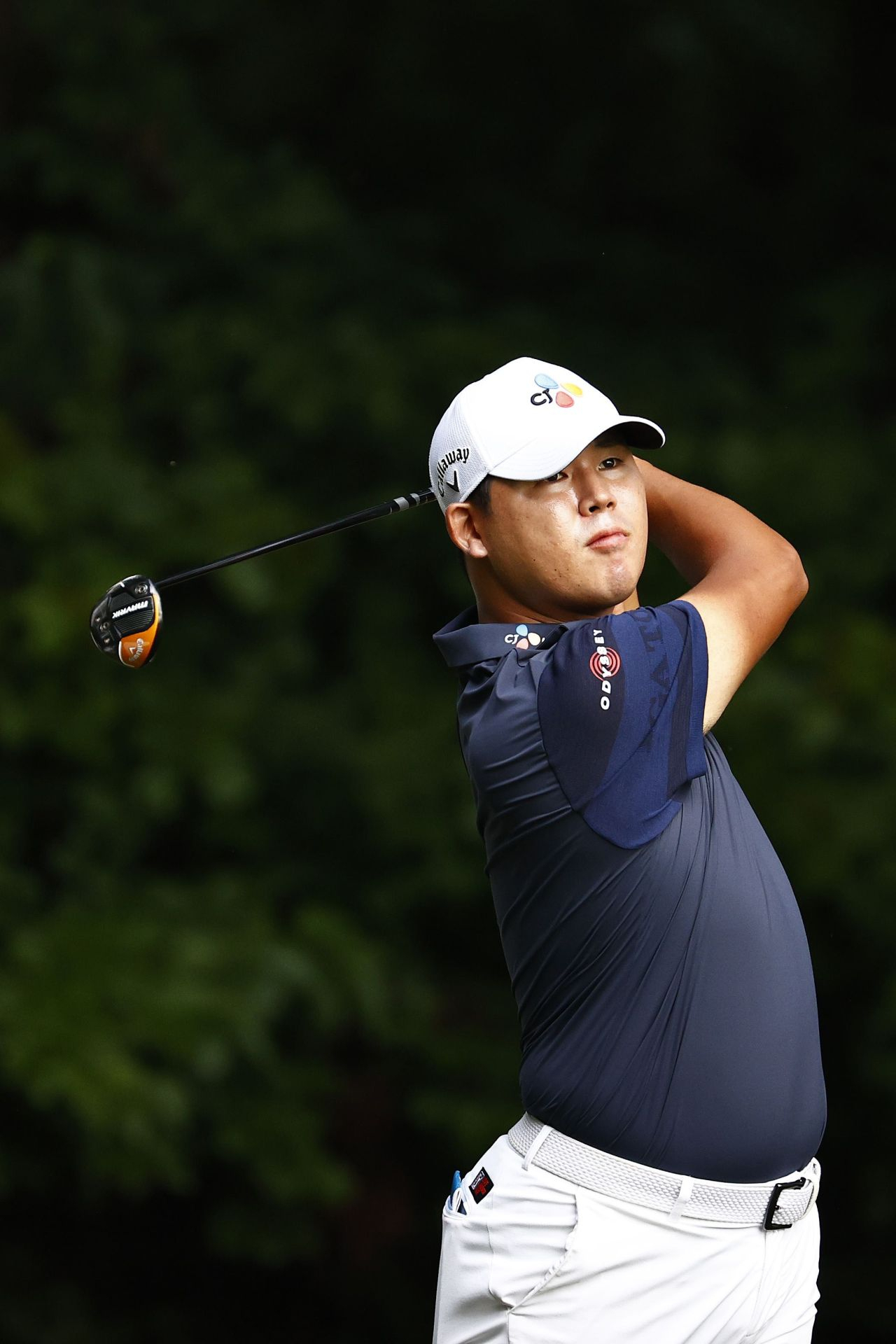 Kim Si-woo plays his shot from the second tee during the final round of the Wyndham Championship at Sedgefield Country Club on Aug.17,2021 in Greensboro, North Carolina. (AFP)