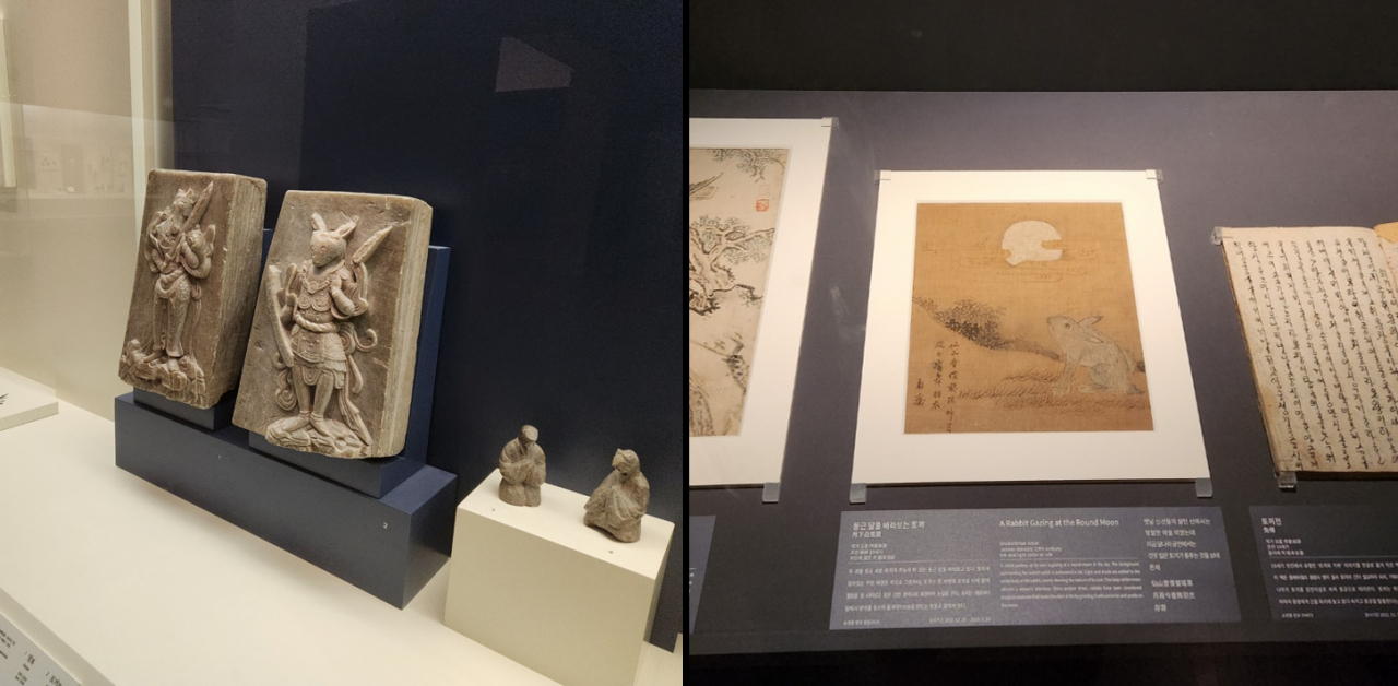 From left: A rabbit figure made of agalmatolite during the period of the United Silla Kingdom and a painting from the 19th-century Joseon era featuring a rabbit gazing at a round moon in the sky (Choi Jae-hee/The Korea Herald)